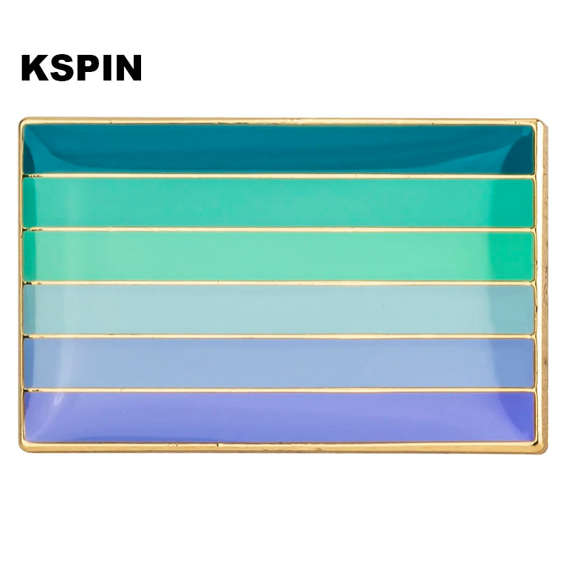 A rectangular lapel pin featuring horizontal stripes of teal, mint green, and light blue.