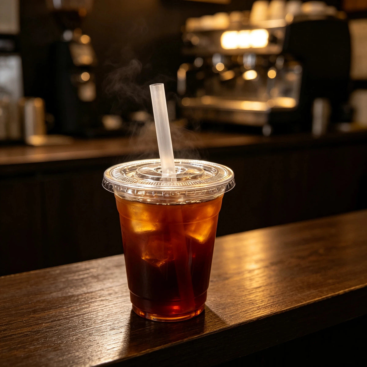 A glass of iced tea in a clear plastic cup with a straw resting on a wooden counter.