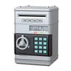 A silver electronic roll-up piggy bank with a digital display and control buttons.