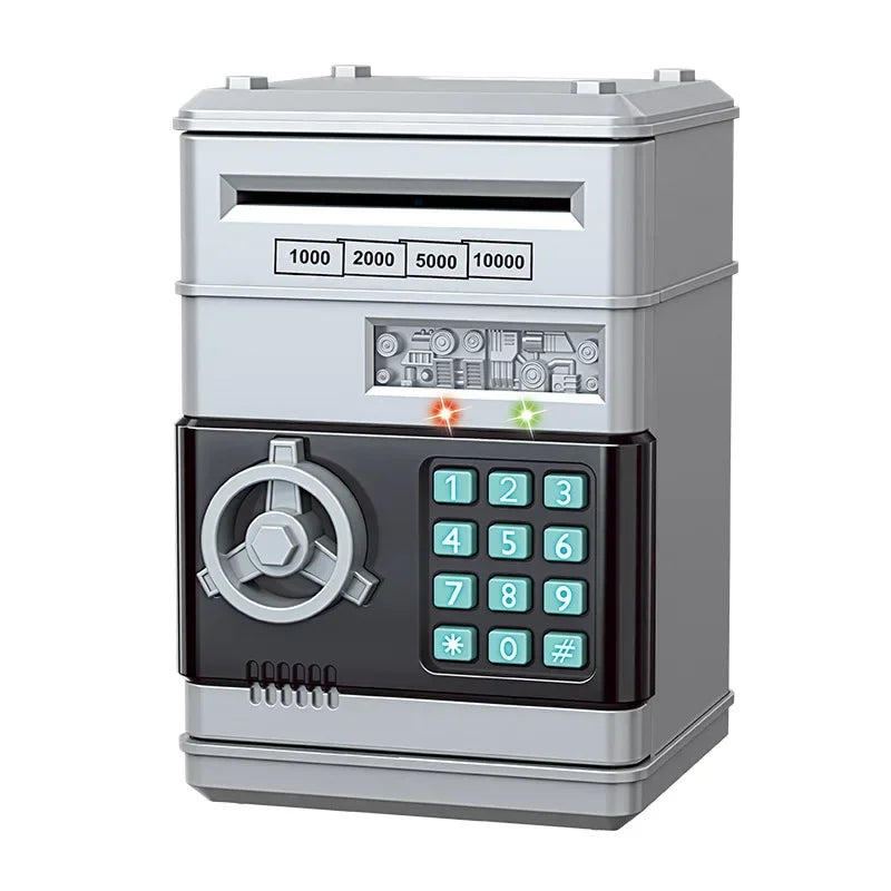 A silver electronic roll-up piggy bank with a digital display and control buttons.