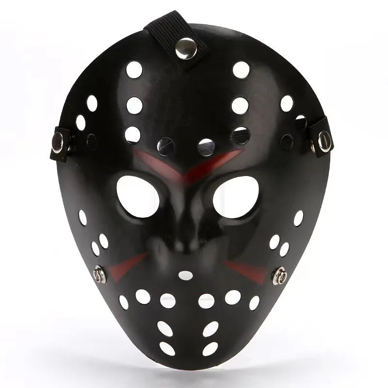 A black realistic horror animal mask with white eyeholes and red accents.