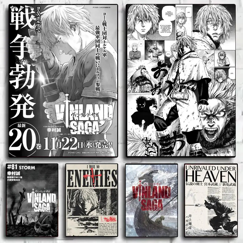 A collection of posters and stickers featuring characters and scenes from the Vinland Saga anime and manga.