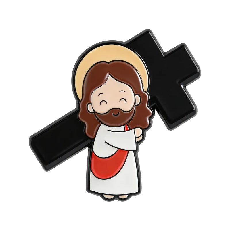 A lapel pin featuring Jesus with a halo and beard, depicted in enamel on a black cross design.