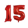 A set of red foil number balloons forming the number 15 for birthday party decor