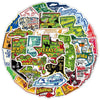 A colorful map of the United States featuring various state outlines and landmarks as a sticker pack.