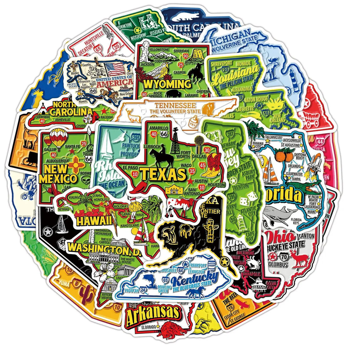 A colorful map of the United States featuring various state outlines and landmarks as a sticker pack.