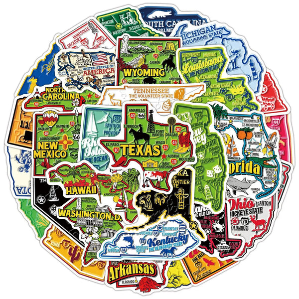 A colorful map of the United States featuring various state outlines and landmarks as a sticker pack.