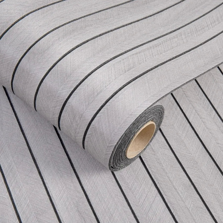 Roll of self-adhesive 3D wood grain wall panels in gray and white stripes