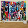 A vibrant tapestry featuring Banksy-inspired street graffiti art with diverse faces and bold colors.