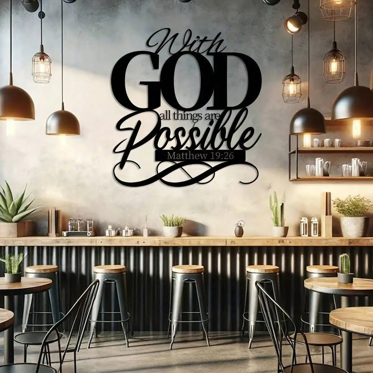 Metal wall art featuring the inspirational Bible verse With God all things are possible from the book of Matthew 19:26