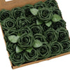 A box filled with dark green lifelike foam roses for wedding and home décor.