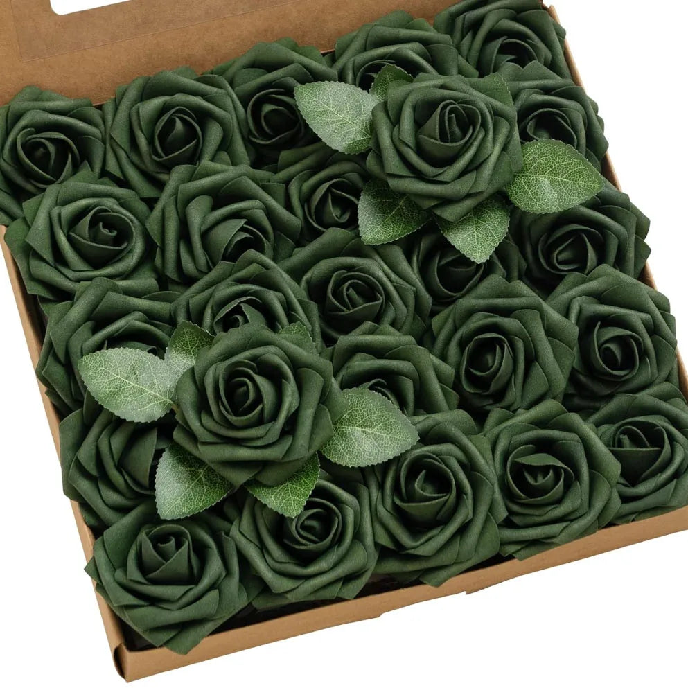 A box filled with dark green lifelike foam roses for wedding and home décor.