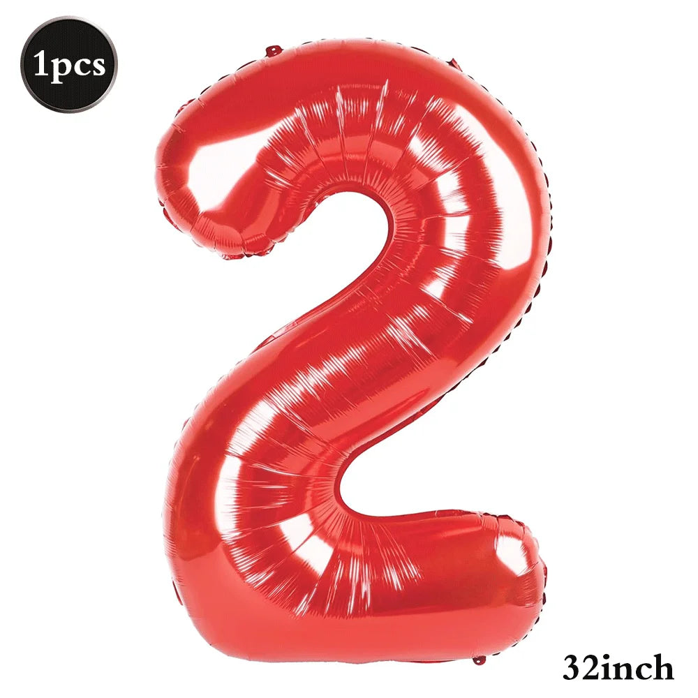 A shiny red Mylar balloon shaped like the number 2, measuring 32 inches.