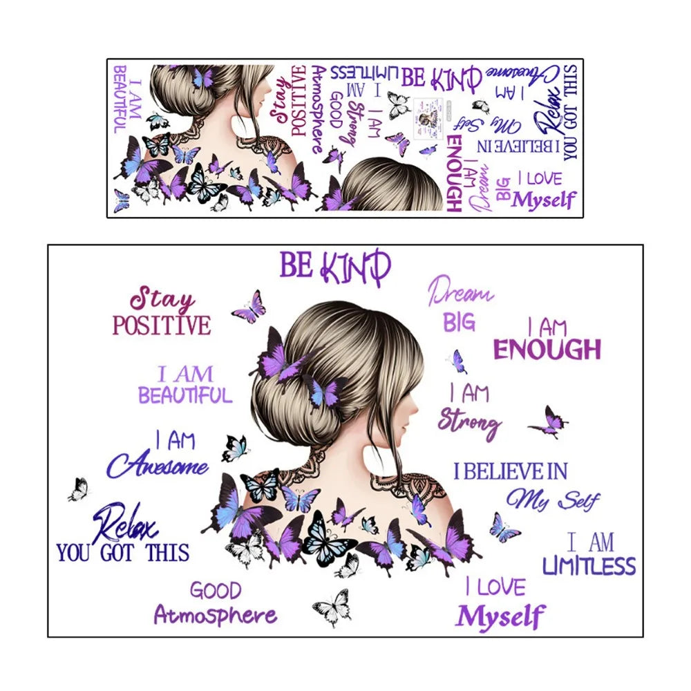A collection of inspirational butterfly and flower wall decals featuring positive affirmations like Be Kind I Am Beautiful an
