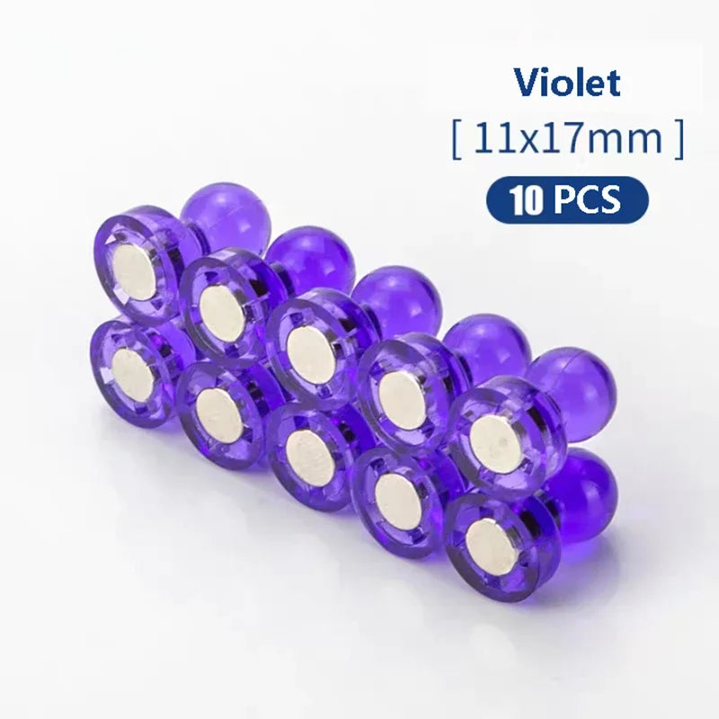 A pack of 10 violet neodymium pin magnets with plastic shells, measuring 11x17mm each.