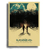 Radiohead album art poster featuring a silhouette of two figures standing in a forest with a large moon and birds flying.