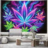 A vibrant neon cannabis leaf tapestry wall hanging featuring purple, pink, and blue hues against a dark background.