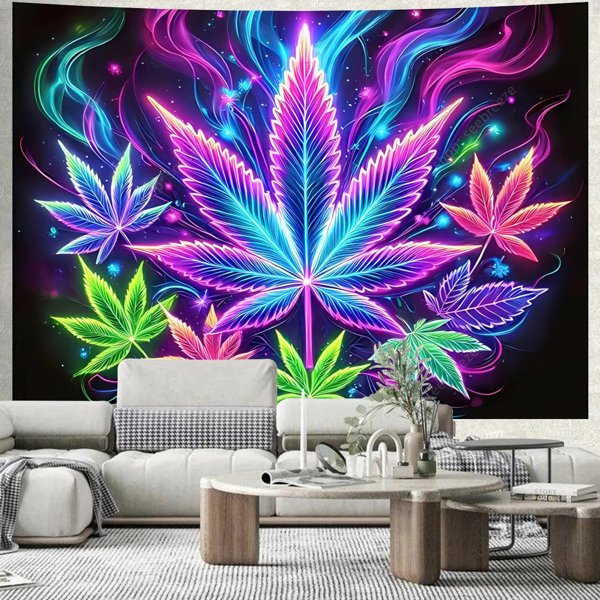 A vibrant neon cannabis leaf tapestry wall hanging featuring purple, pink, and blue hues against a dark background.