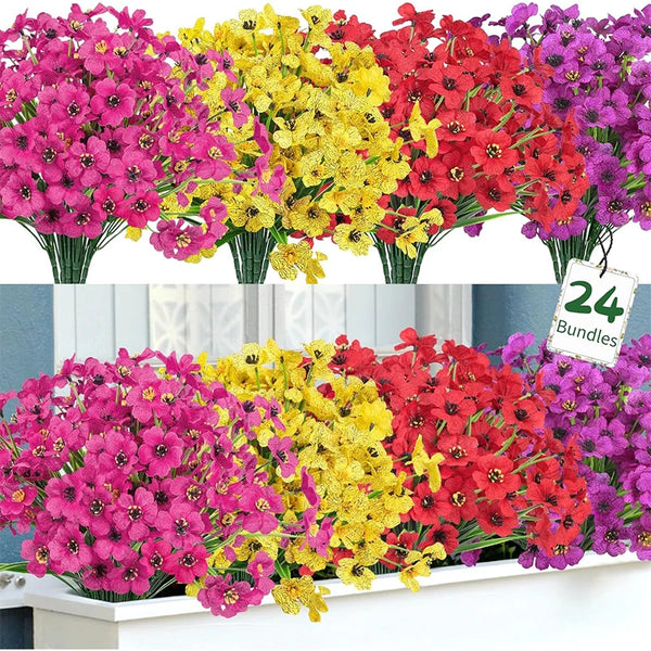 A vibrant bouquet of silk artificial flowers in shades of pink, yellow, and red arranged for home or event decor.