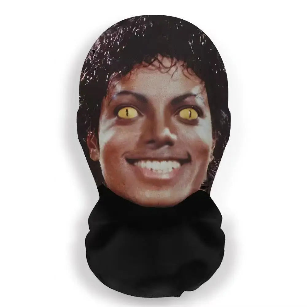 A dark mask resembling a celebrity face with yellow eyes.