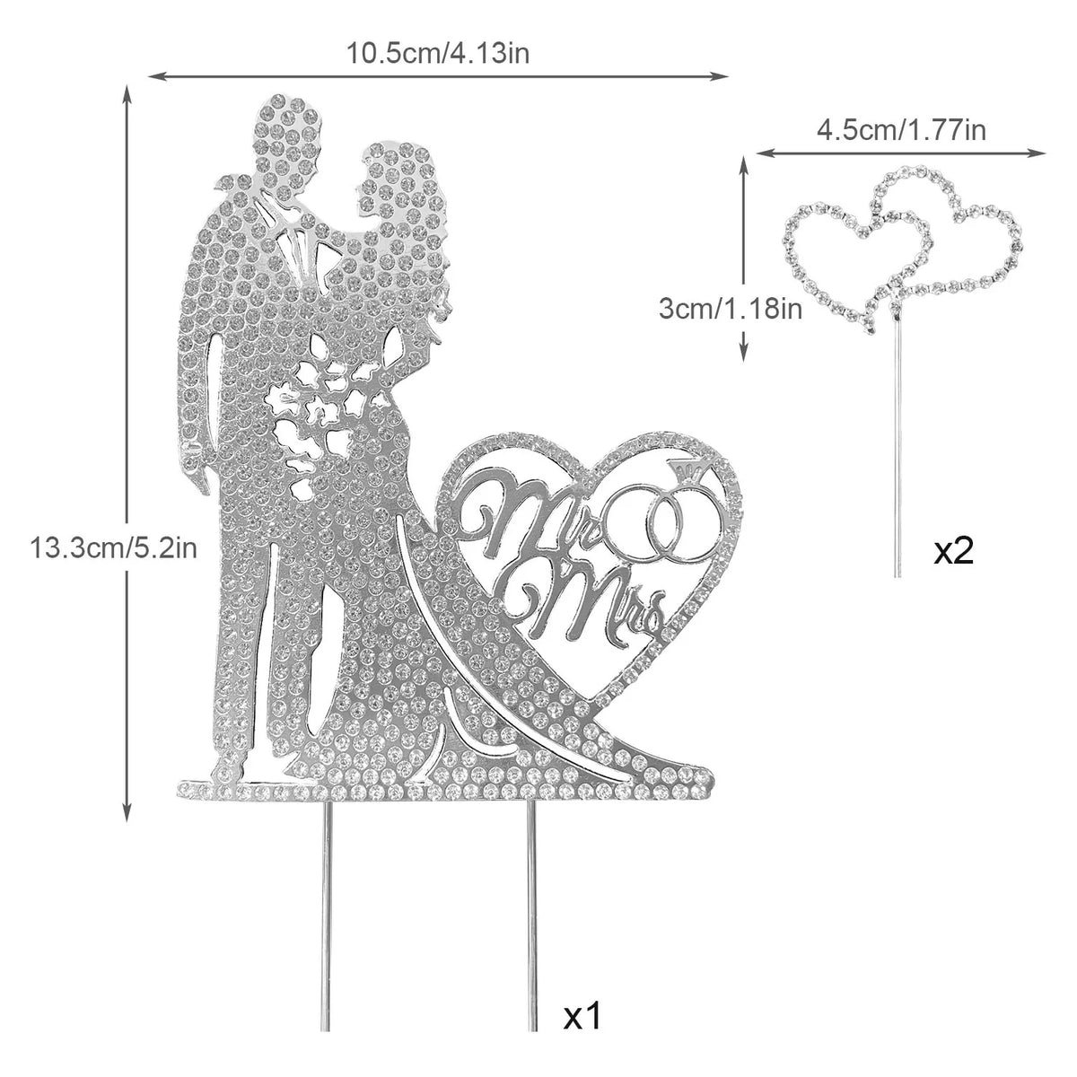 Crystal embellished Mr and Mrs wedding cake topper featuring a couple silhouette and heart design