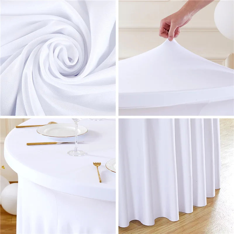 White stretch spandex round tablecloth with a pleated skirt shown in various angles.