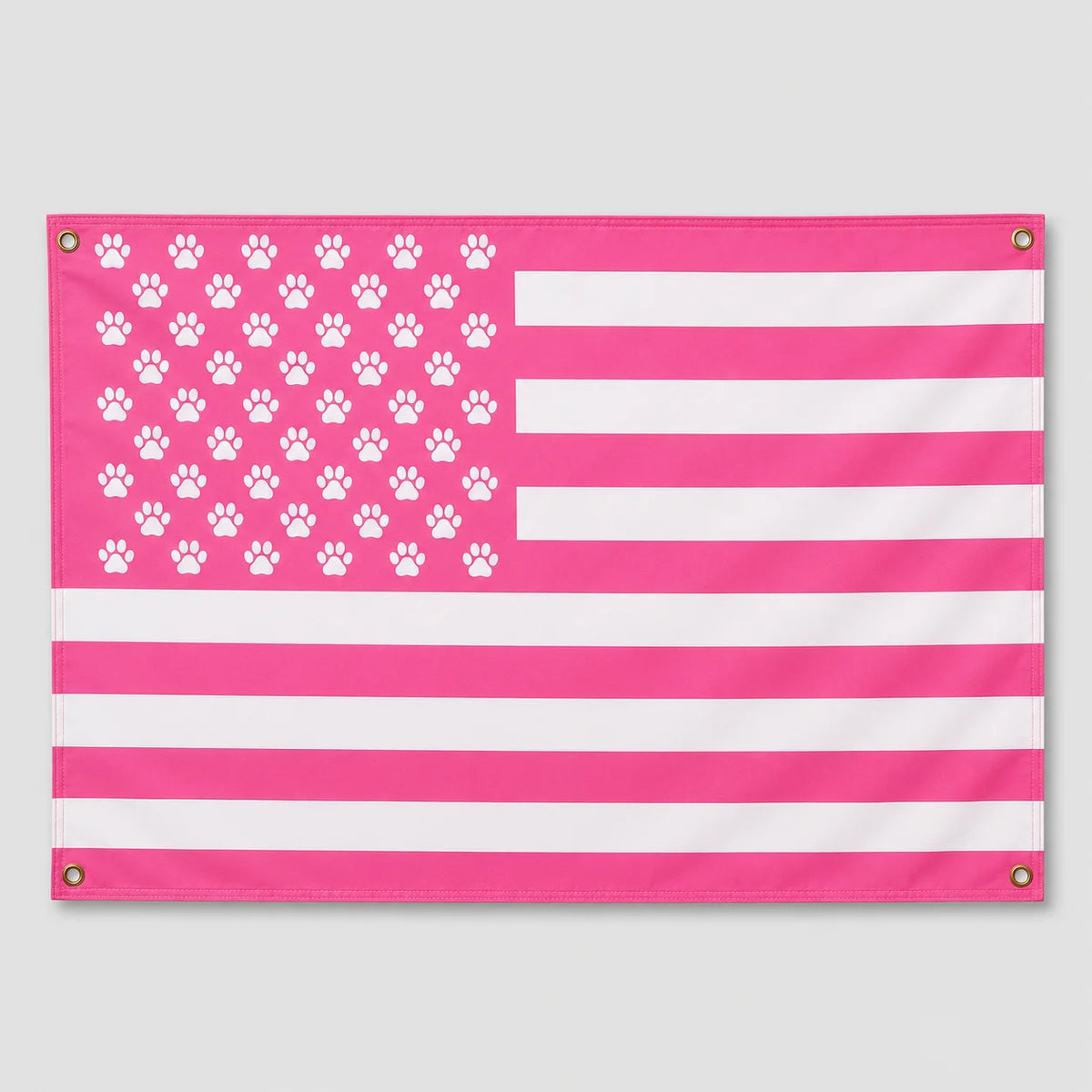 A pink flag design featuring a white paw print pattern on the canton and horizontal stripes.