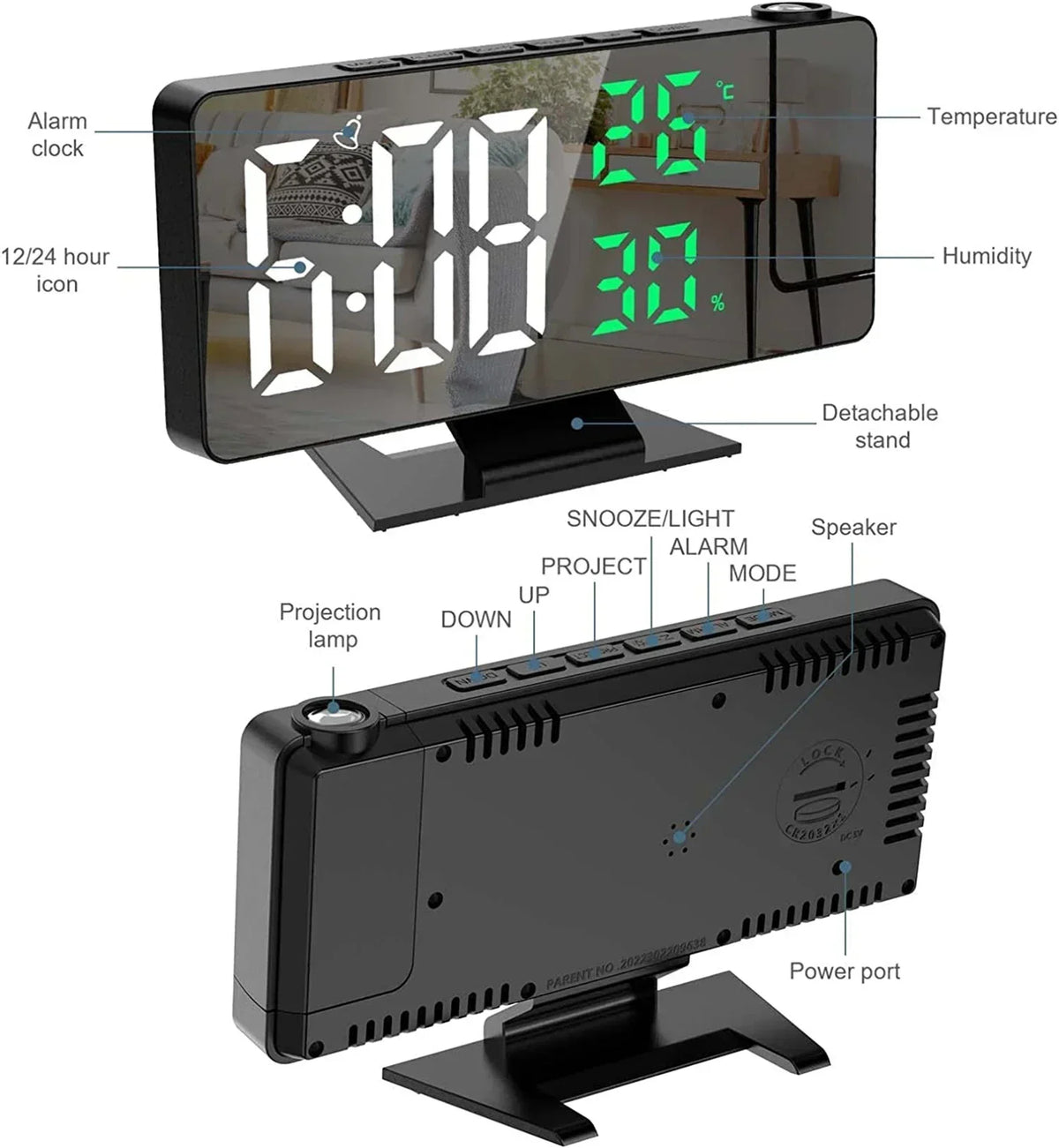 A black LED digital projection alarm clock displaying time, temperature, and humidity.