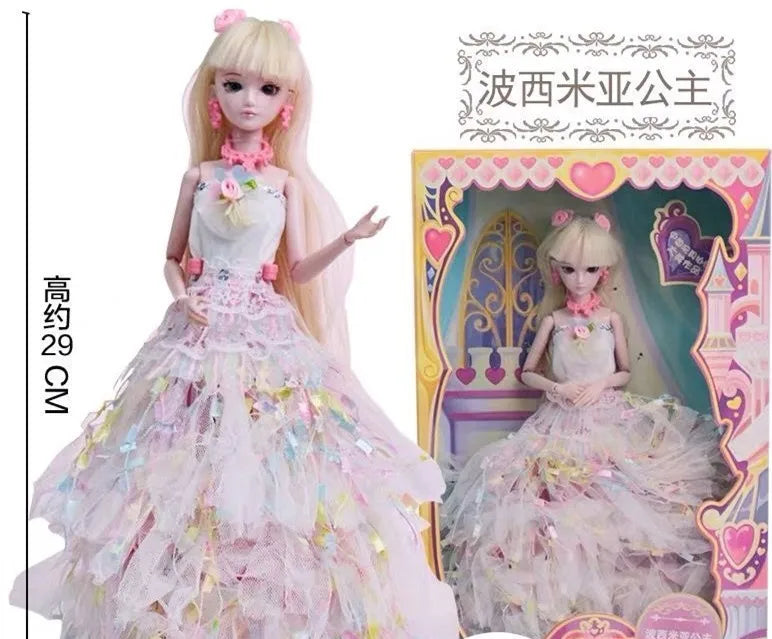 A ball-jointed doll dressed as a princess with a pink and white gown and elaborate makeup.