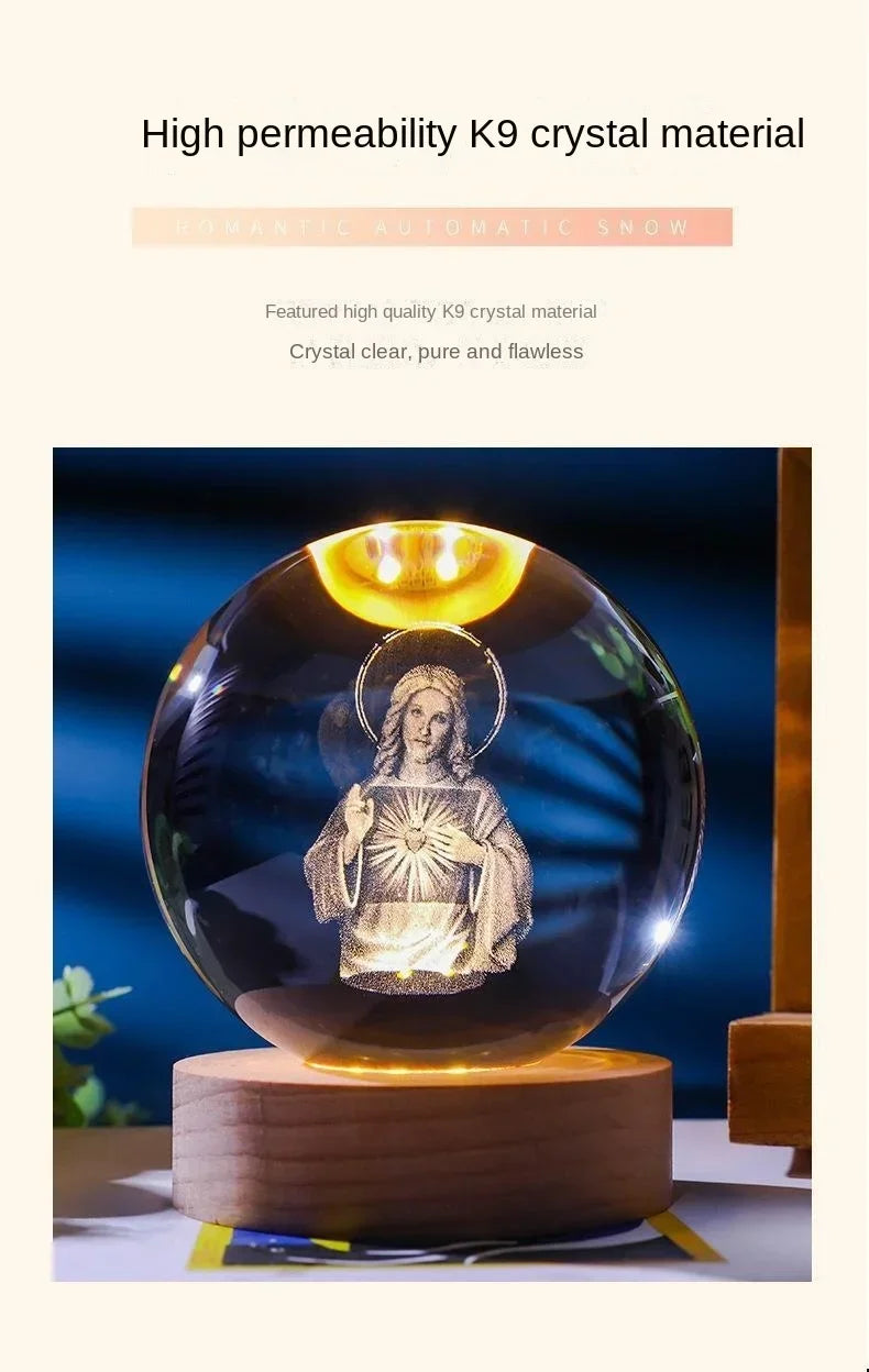 A clear crystal ball night light featuring a figure inside, illuminated with a warm glow.