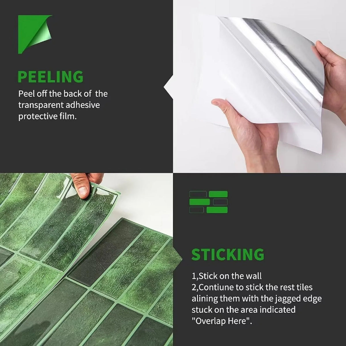 Instructions showing peeling and sticking methods for 3D peel and stick backsplash tiles.