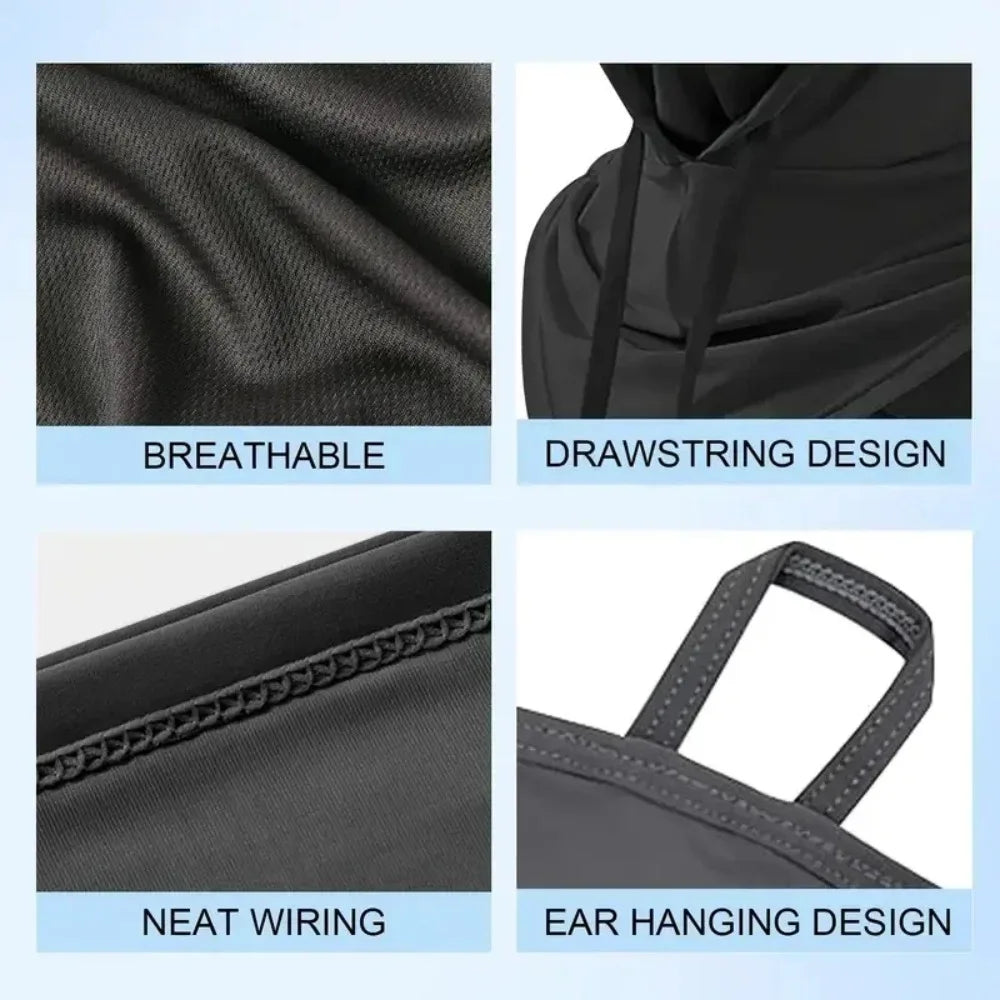 A black breathable full head mask featuring a drawstring design, neat wiring, and ear hanging design.