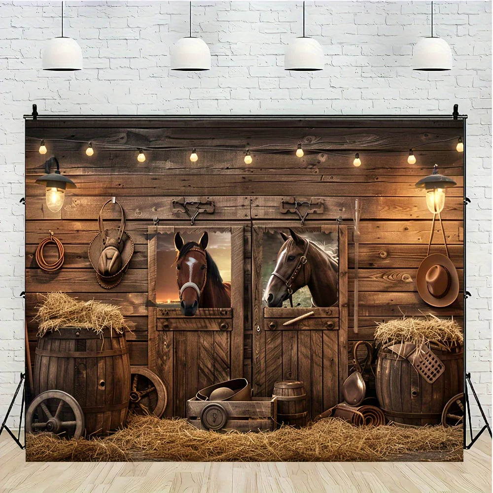 A rustic wooden barn door background featuring leather goods, hay, and antique tools.