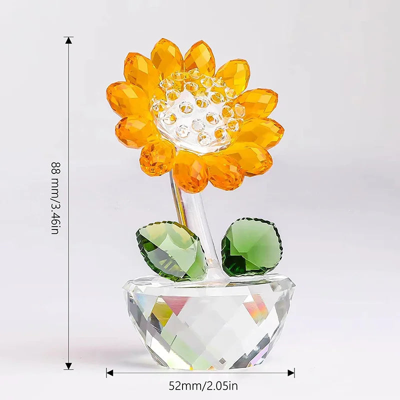 Handcrafted glass crystal sunflower figurine with a bud and a clear base.