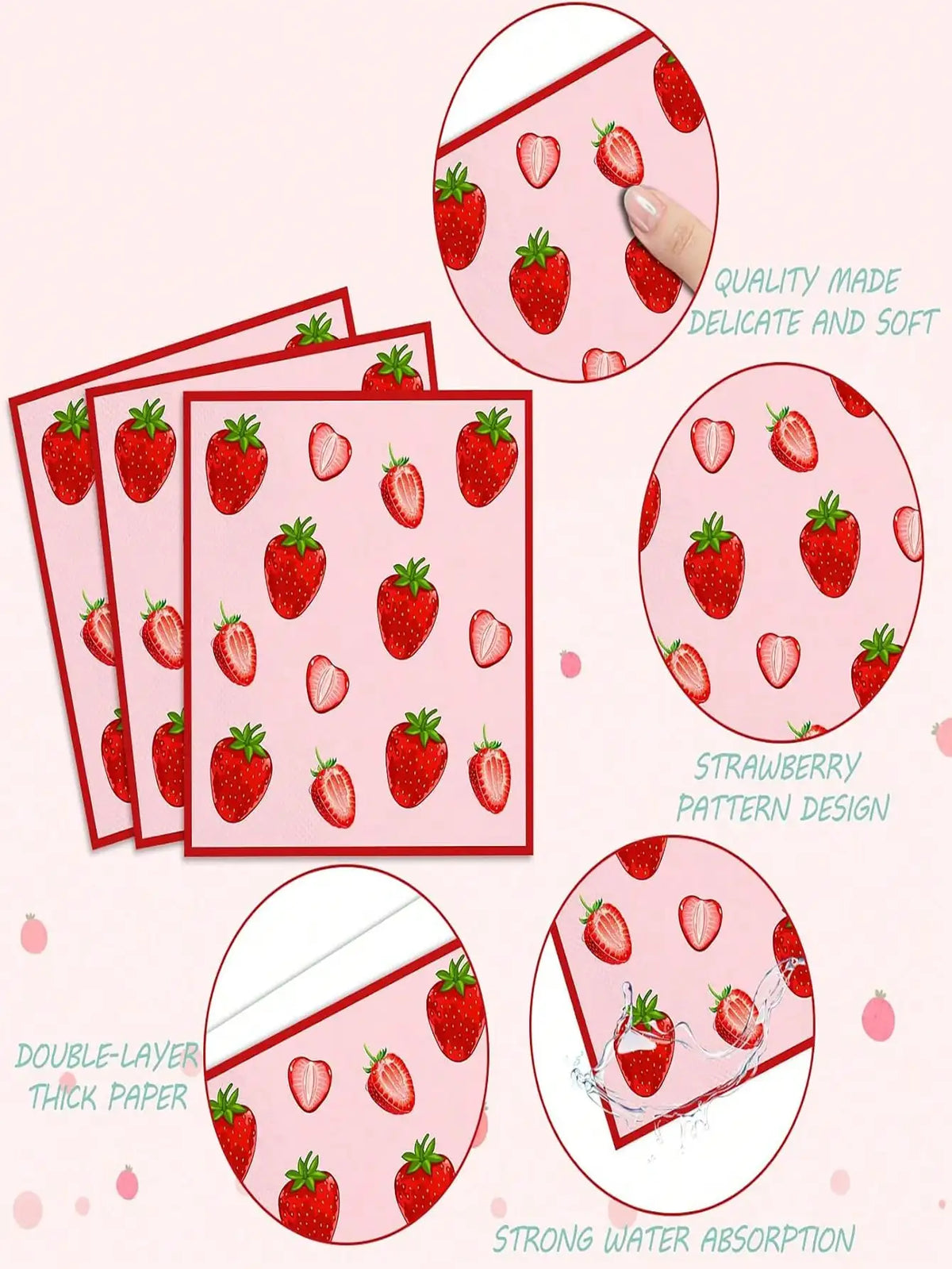 A set of pink strawberry themed disposable tableware featuring various designs and strong water absorption.