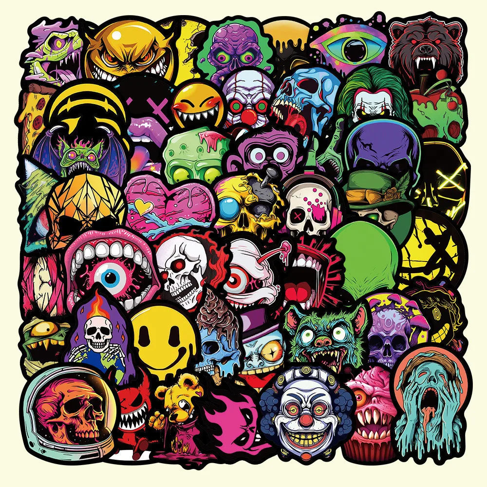 A collection of dark, stylized skull and ghost face stickers featuring various horror themes and colors.