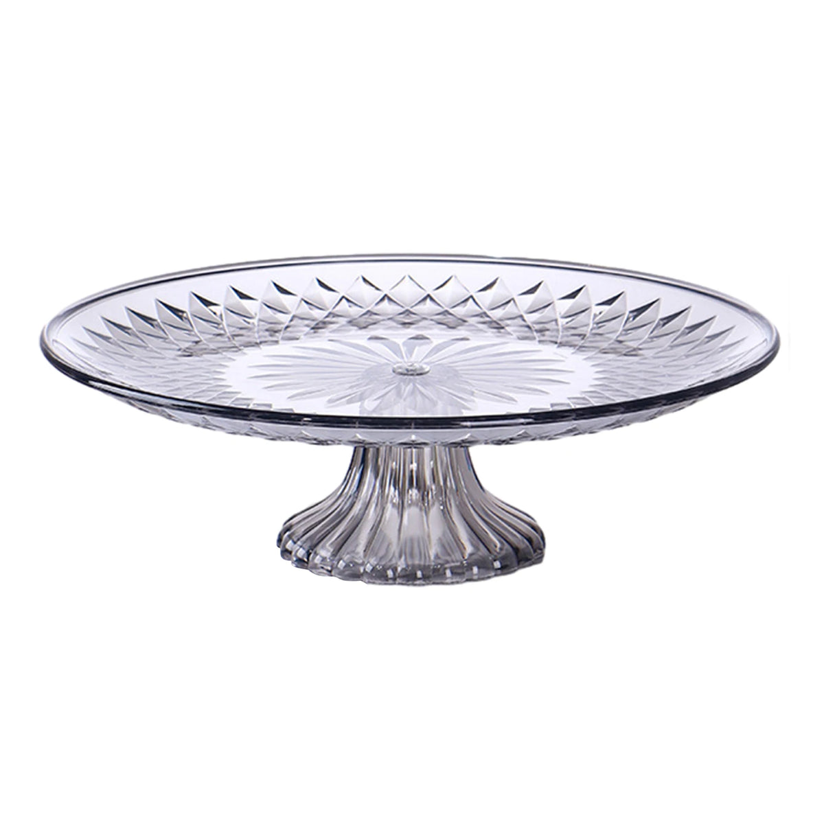 Clear acrylic serving plate with a decorative pattern and pedestal base.