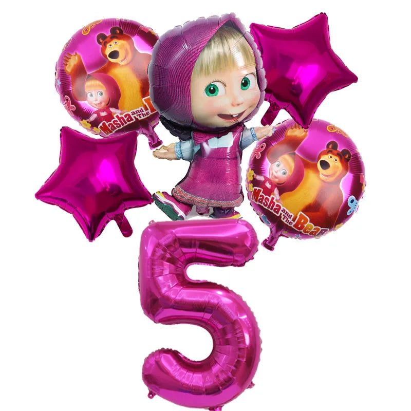 A set of six pink foil balloons featuring characters from Masha and the Bear