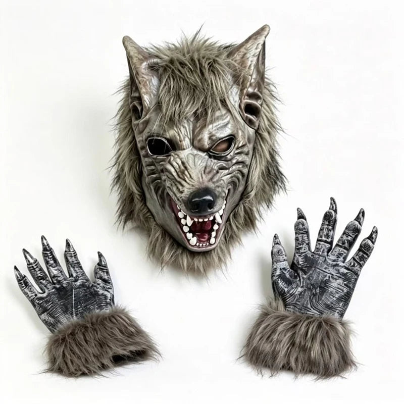 Realistic werewolf full head mask with gray fur and fierce facial features