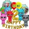 A set of colorful balloons featuring various cartoon characters and numbers for a birthday party theme