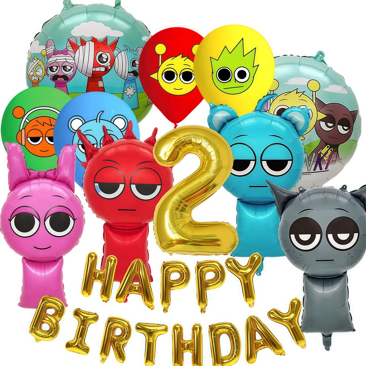 A set of colorful balloons featuring various cartoon characters and numbers for a birthday party theme