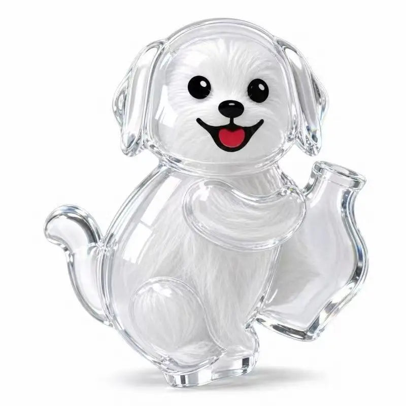 A clear capsule cat whisker keepsake magnet with a white, fluffy appearance.