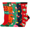 A five-pack of Christmas women's socks featuring various patterns like reindeer, trees, and snowflakes in red, green, and mul