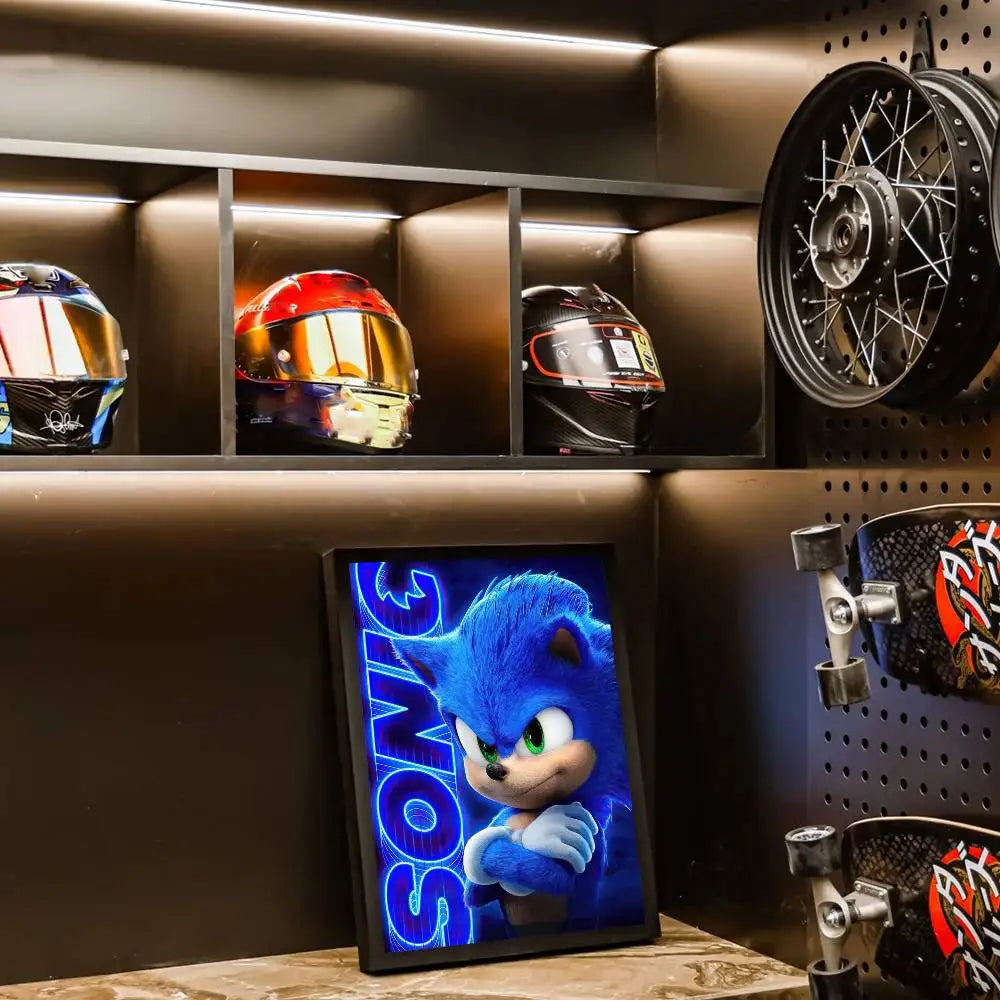 A display featuring various Sonic the Hedgehog movie posters and a large poster of Sonic the Hedgehog 3