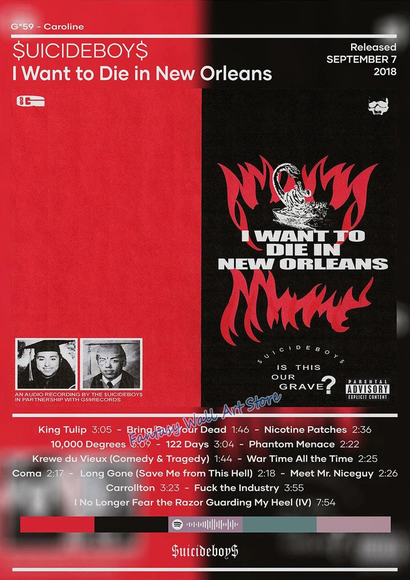Album cover art for Suicideboys titled I Want to Die in New Orleans featuring red and black text