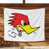 A graphic illustration of a red and yellow bird head with spiky feathers on a white flag.