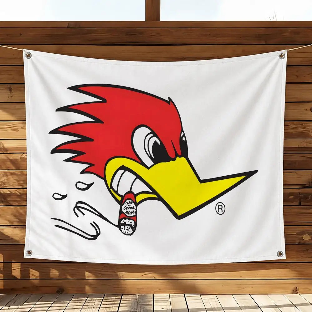 A graphic illustration of a red and yellow bird head with spiky feathers on a white flag.