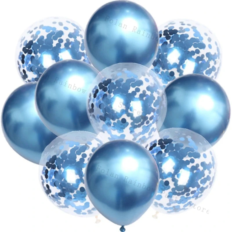A cluster of blue confetti balloons with silver glitter and a light blue background.