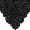 A dense arrangement of black artificial foam rose decorations.