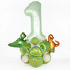 A set of foil balloons shaped like the number one and dinosaurs in avocado green and gold for a birthday decoration kit